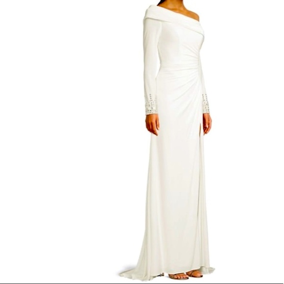 Mac Duggal One Shoulder Off the Shoulder Ivory White Gown Long Sleeves w/ Train - Picture 11 of 11